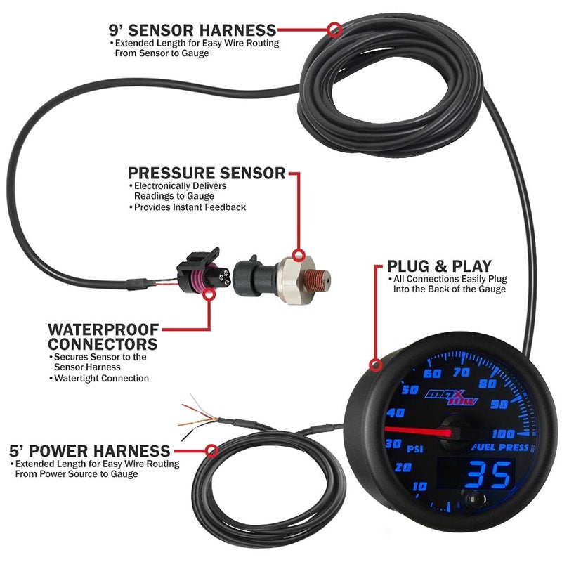 MaxTow Double Vision 100 PSI Fuel Pressure Gauge Kit - Includes 1/8-27 NPT Electronic Sensor & Wiring - Black Dial - Blue LED Lighting - Analog & Digital Readouts - for Trucks - 2-1/16" 52mm - Image 3